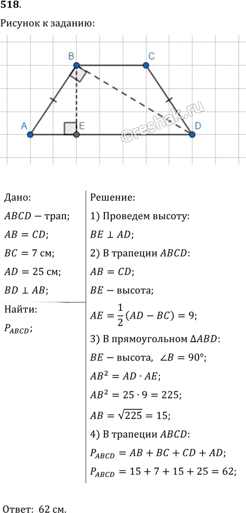 Иллюстрация к решению «Упр.518 ГДЗ Мерзляк Полонский 8 класс (Геометрия)», 1